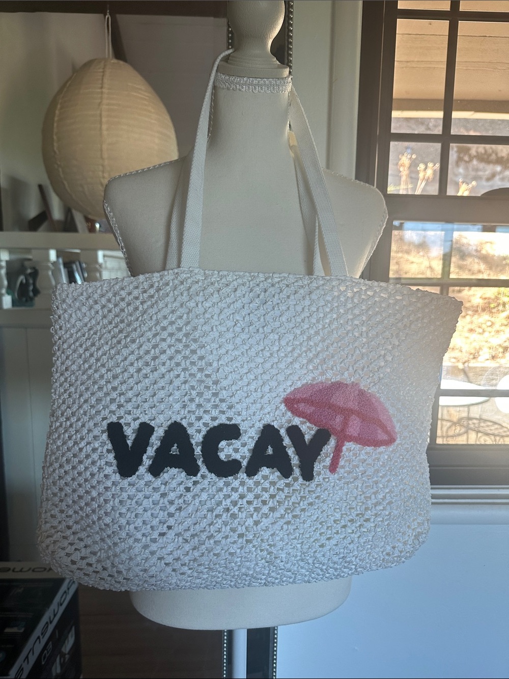 VACAY White Straw Tote Bag with Pink Umbrella Accent